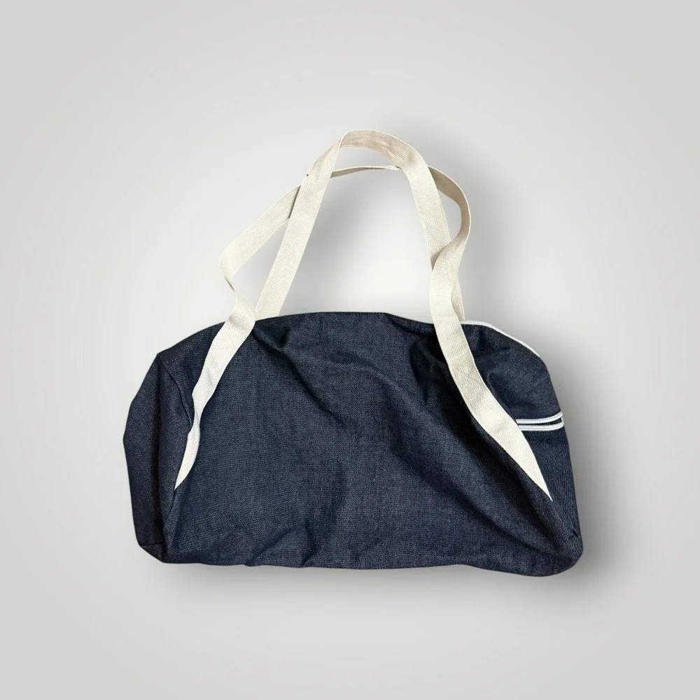 Gym & Juice Duffel Bag Large Blue Denim Graphic Travel Barrel Workout Yoga Funny
